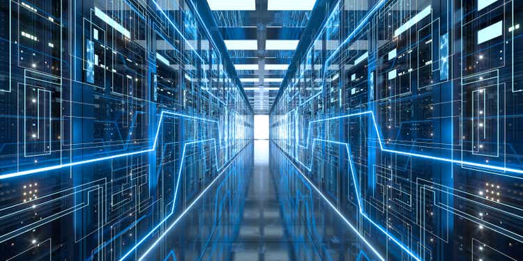 Server racks in computer network security server room data center, 3d rendering.
