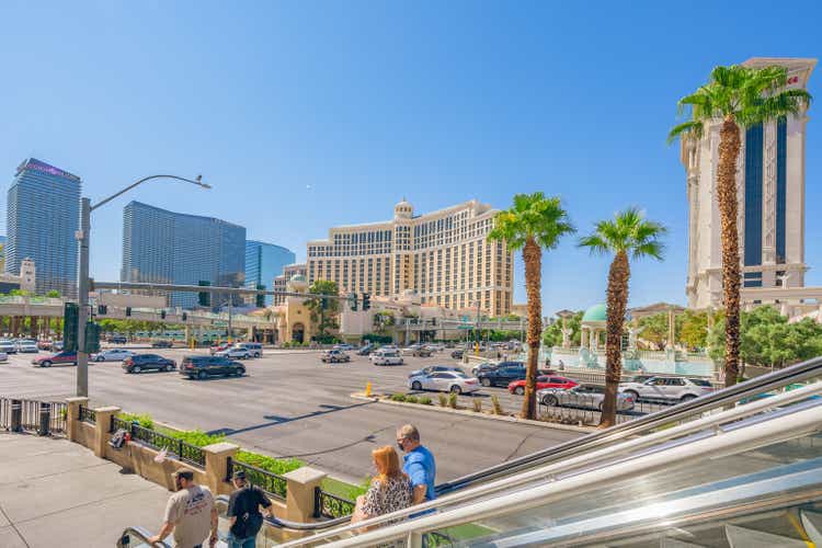 Caesars Palace and Bellagio Hotel and Casino in Las Vegas Strip. Street view, architecture, people, sunny day with cler blue sky background