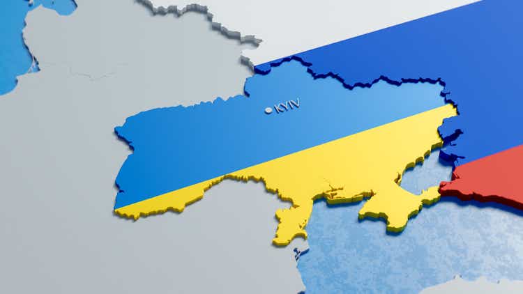 3D render of map of Ukraine and russia. Concept of war conflict, invasion, military aggression, political crisis, EU danger.