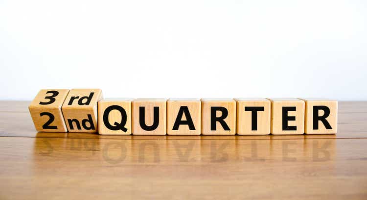 From 2nd second to third 3rd quarter symbol. Turned wooden cubes and changed words 2nd quarter to 3rd quarter. Beautiful wooden table white background. Business happy 3rd quarter concept. Copy space.