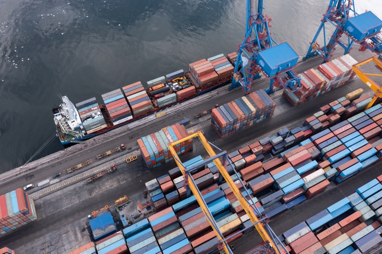 A top view of the seaport container terminal.