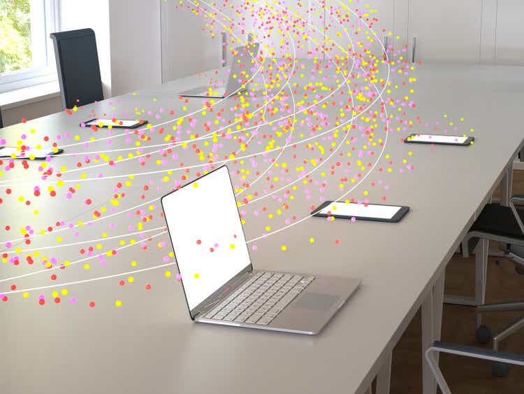 5G data stream shown as dots running through an office