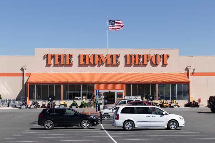 Home Depot location with American flag. Home Depot is the largest home improvement retailer in the US.