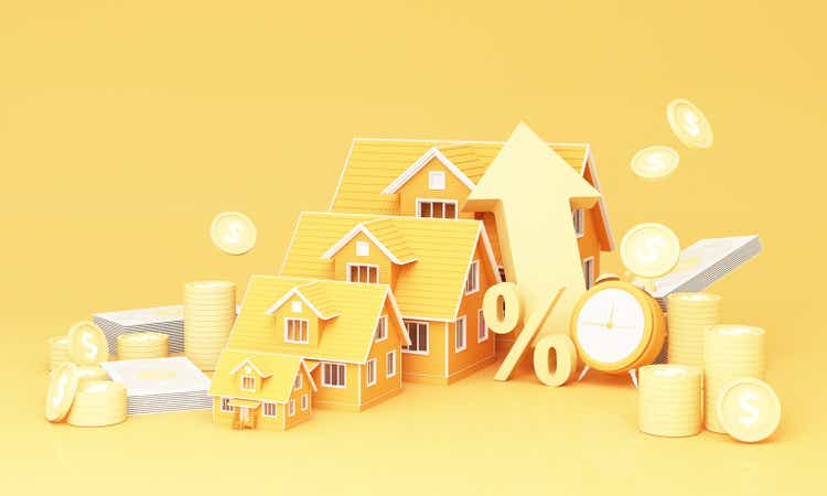 Big arrow symbol high interest rate for home real estate ideas financial stability and growth and space to enter text on yellow background, saving in real estate of realistic 3D rendering.