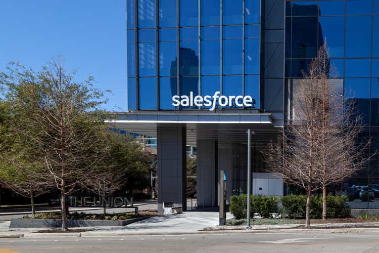 The entrance to Salesforce office building in Dallas, Texas, USA.