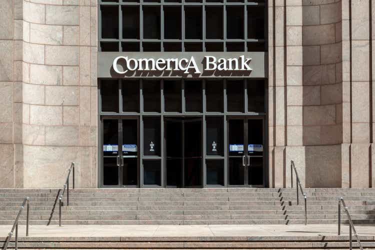 The entrance to Comerica Bank headquarters