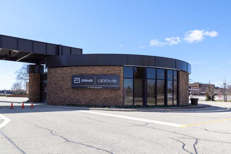 Abbott and Abbvie sign at their headquarters in Abbott Park, IL, USA.