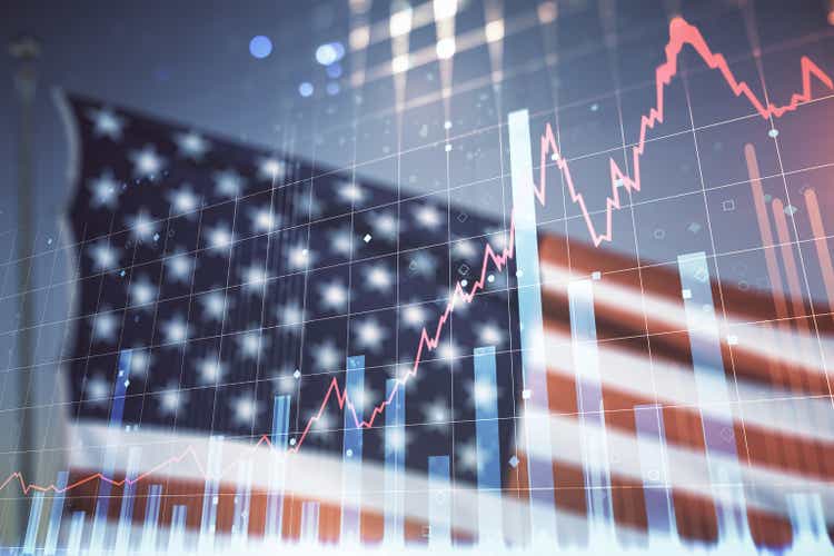 Double exposure of virtual creative financial diagram on US flag and blue sky background, banking and accounting concept