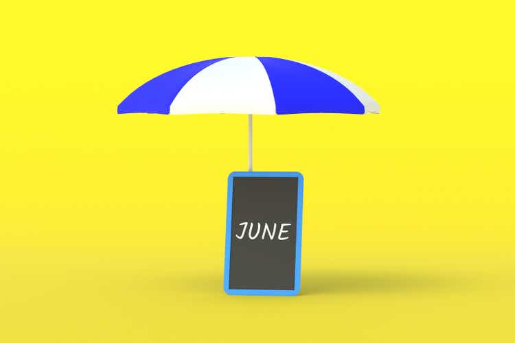 Inscription june on chalkboard near beach umbrella. Summer vacation. Travel concept. Tourist tour. 3d render