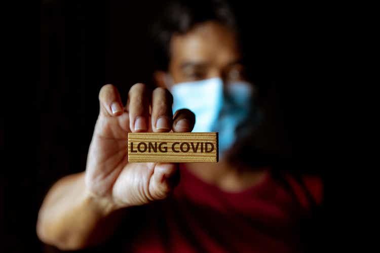Masked Asian man show wooden sign with wording "Long Covid"