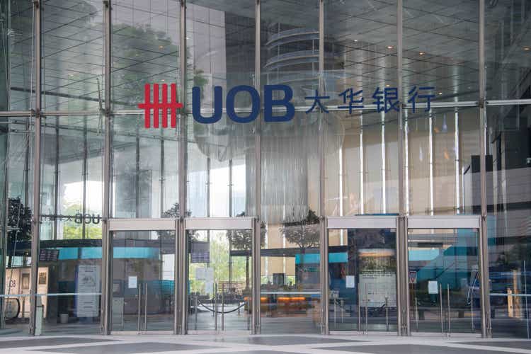 Sign of UOB bank in front of UOB headquarters building