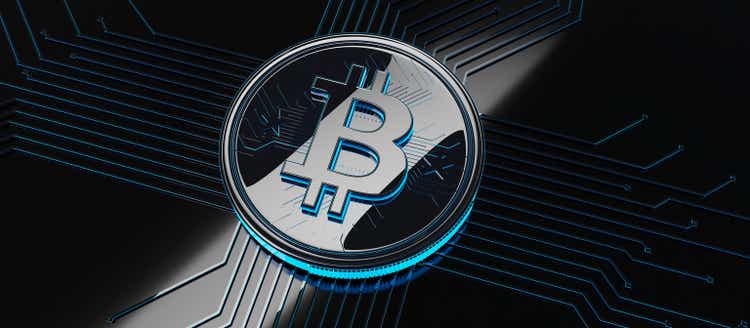 Bitcoin blockchain, crypto currency encryption. Digital payment and money exchange. 3D Render