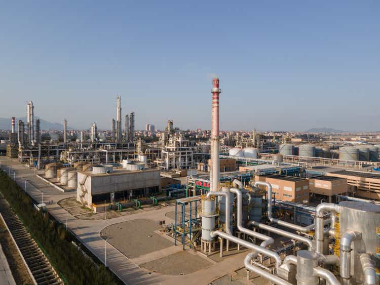 Aerial view of the pipes and chimneys of the chemical plant