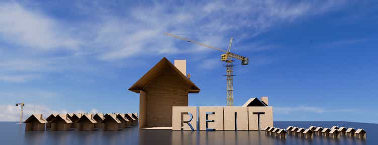 Concept image of the business acronym REIT as a real estate investment trust.  3d rendering