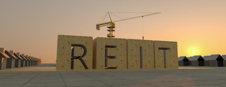 Concept image of Business Acronym REIT as Real Estate Investment Trust. Many houses and construction cranes. 3d rendering