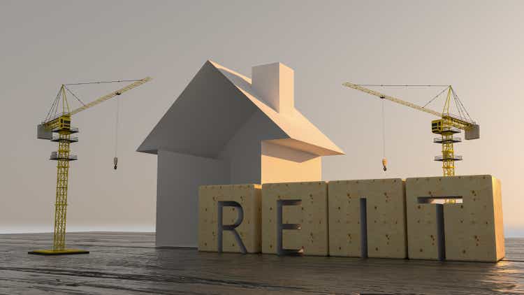 Concept image of Business Acronym REIT as Real Estate Investment Trust. Many houses and construction cranes. 3d rendering