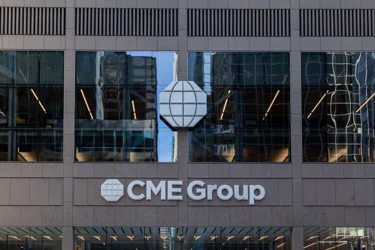 CME Group logo sign on the building in Chicago, Illinois, USA.