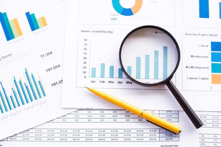 Magnifying glass and pen on charts graphs paper. Financial development, Banking Account, Statistics, Investment Analytic research data economy