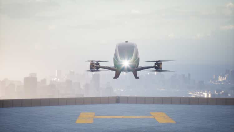 Autonomous driverless aerial vehicle fly across city, 3d render