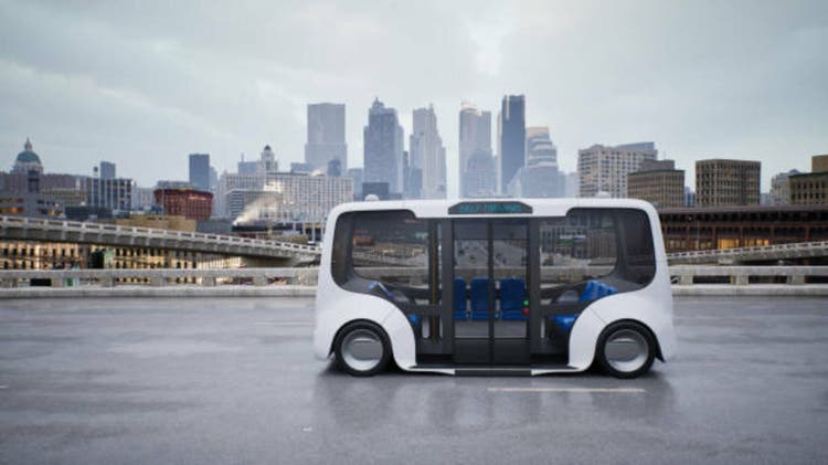Autonomous electric bus self driving on street, Smart vehicle technology concept, 3d render