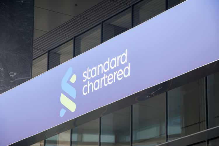 Standard Chartered sign located Marina Bay Financial Center, Singapore