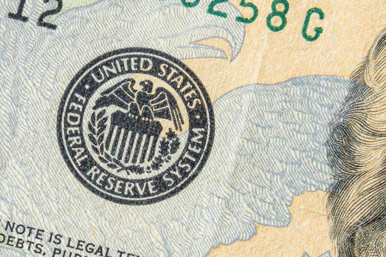 Symbol (Stamp) of Federal reserve system of USA on dollar. Finance system concept