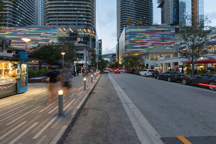 Mary Brickell Village on South Miami Avenue at dusk, Miami, Florida, USA