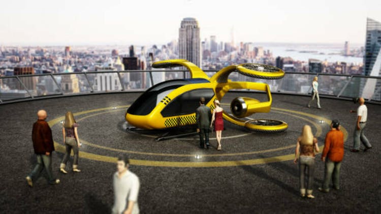 Conceptual eVTOL (electric vertical take-off and landing) aircraft as a taxi/shuttle service at the helipad on top of a building