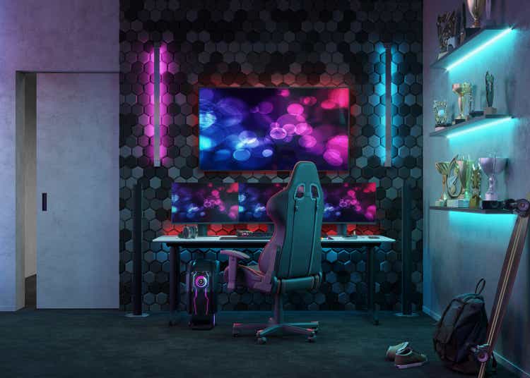 Dark neon gamer workspace 3d illustration