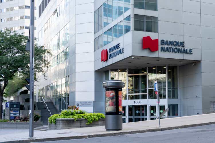 Entrance to National Bank Trust office building in Montreal, Quebec, Canada.