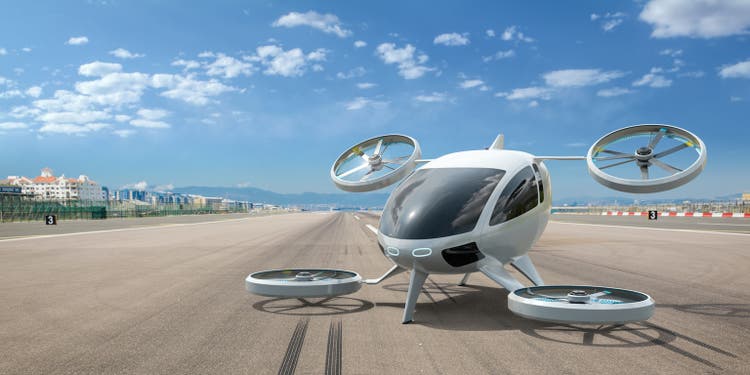 eVTOL Aircraft Parked On Empty Airport Runway