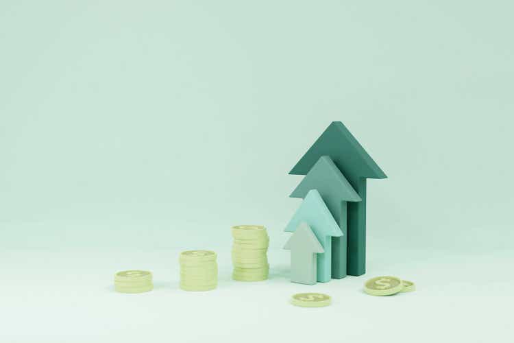 Green up arrow and coin stacks on light green background 3D render illustration