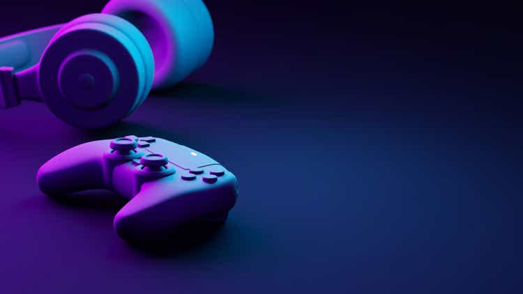 Gamepad and headphones with copy space 3D render