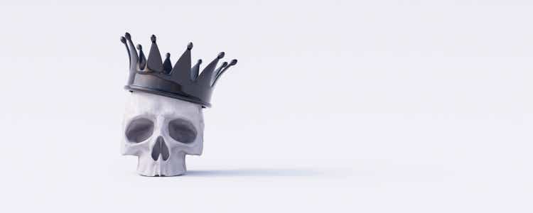 Human skull with king black crown on white background 3d render