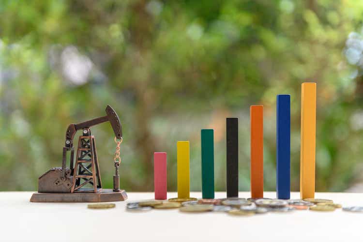 Petroleum, petrodollar and crude oil concept : Small oil pumpjack and increasing bar graph with coins, depicts the increasing in the investment and development or production of global oil industry.