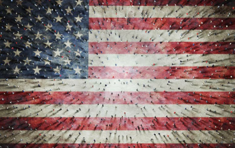 Crowd of people on USA flag. American society