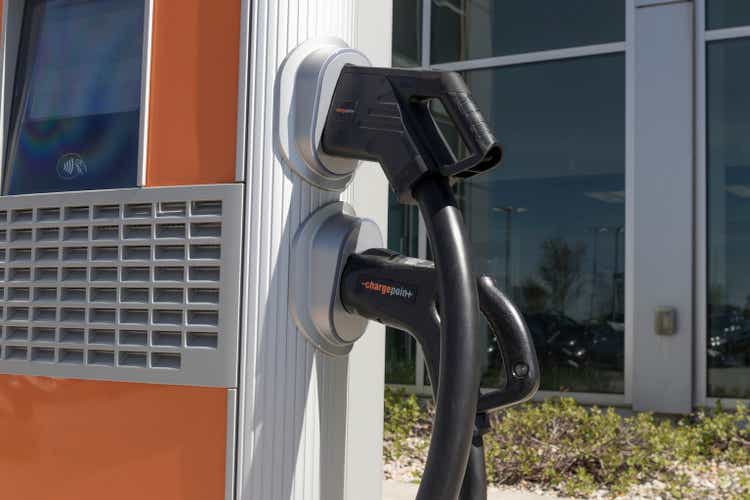 ChargePoint EV Charging Station. ChargePoint plug-in vehicle stations are in business parking lots or home use.