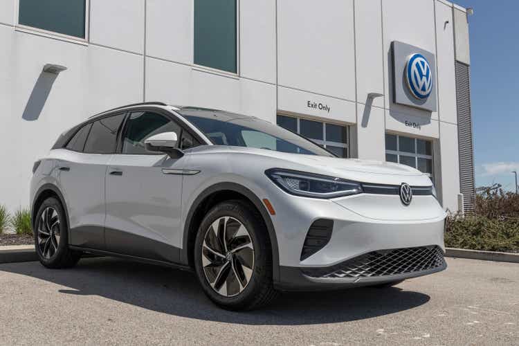 Volkswagen ID.4 SUV Electric Vehicle EV display at a dealership. A DC fast charger can get the battery in the ID.4 from 5 to 80 percent charge in about 38 minutes.