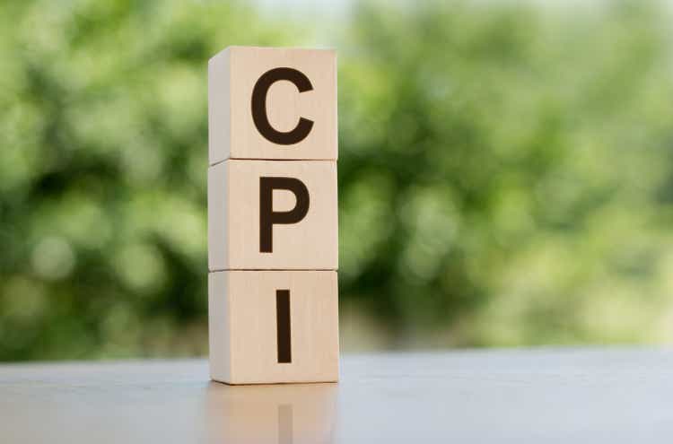 The word CPI - Consumer Price Index, built from wooden cubes outdoors on the background of nature.