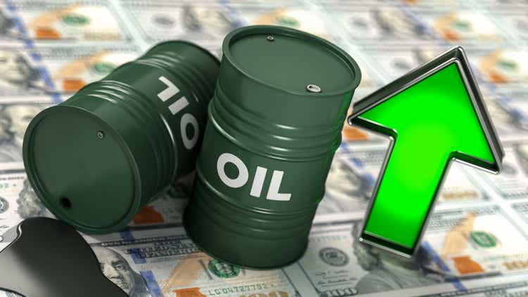 Oil Prices Moving Up Concept with US Dollar Stack Barrels and Green Arrow
