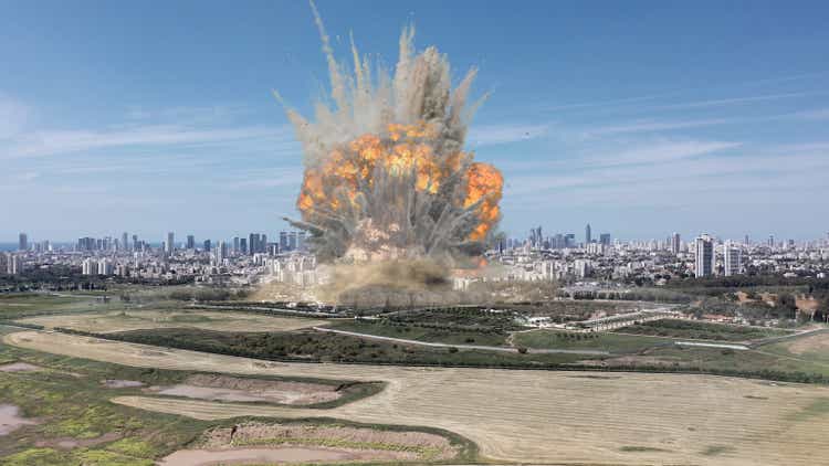 3d rendering,Massive tactical nuclear explosion over city aerial view