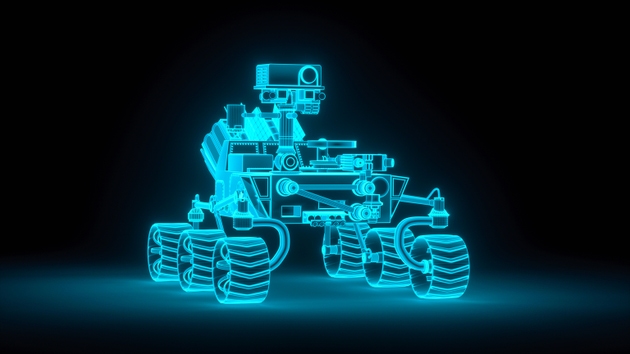 a mars rover in neon blue (3d rendering)