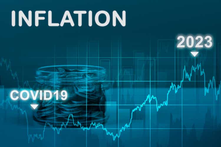 inflation on dark blue background. economic crisis caused by covid19 pandemic. hyperinflation 2022 2023 on dark blue background. decreasing purchasing power
