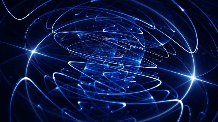 Big Data Abstract Connection Communication Innovation 5G Technology Futuristic Fiber Optic Galaxy Spiral Fantasy Planet Flowing Noise Sound Radio Wave Pattern Intertwined Glowing Star Circle Shape Synapse Funnel Flash Vitality Navy Blue Black Fractal Art