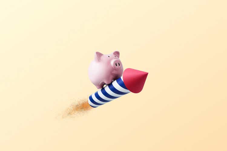 Piggy Bank riding on a rocket on a yellow background