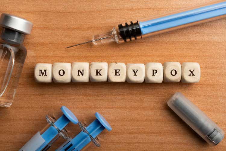 Monkeypox pandemic concept: dice surrounded by syringes and vials make up the word monkeypox