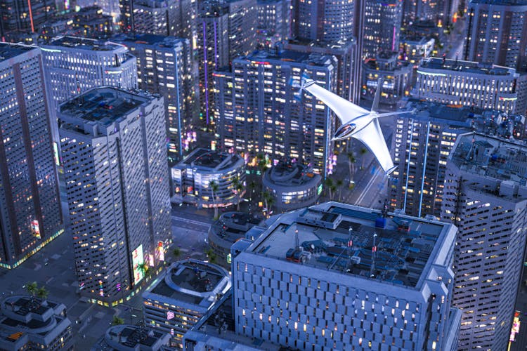 Electric plane fly over the city