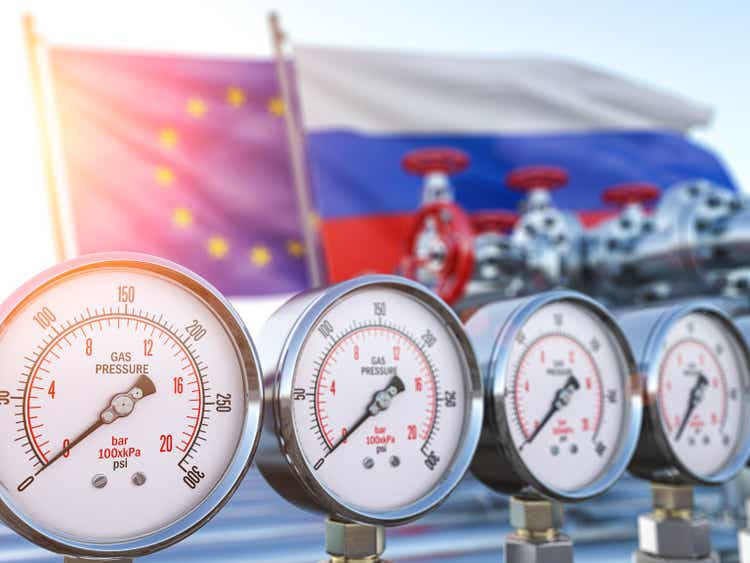 Gas pipeline with gauge with zero pression and EU European Union and Russia flags. Energy crisis and sacctions concept.
