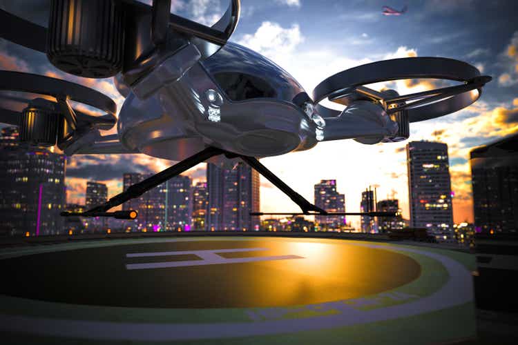 eVTOL ready to land on the roof tarmac