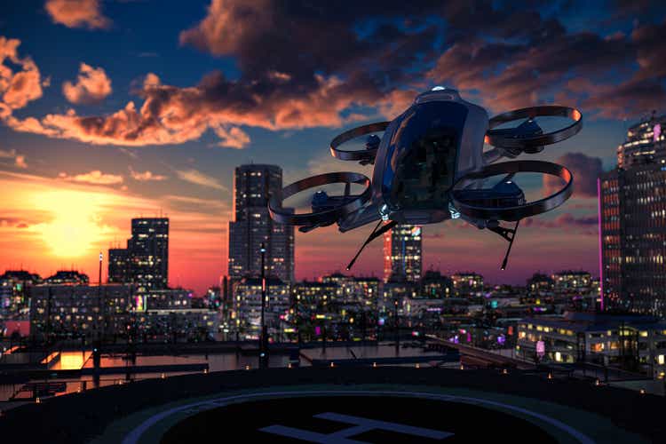eVTOL ready to land on the roof tarmac